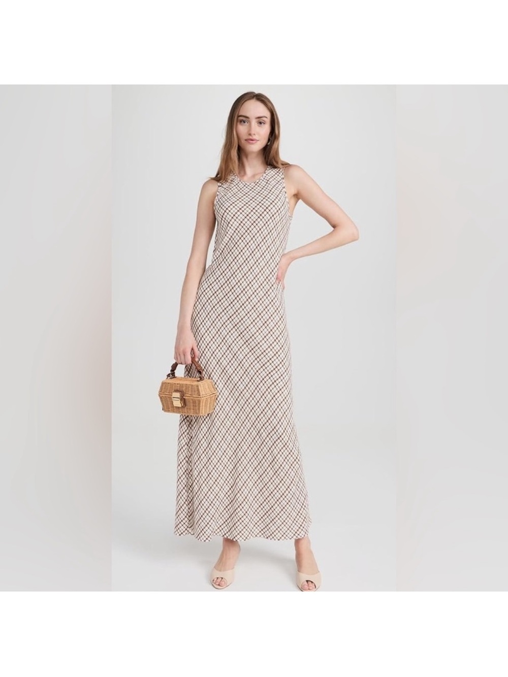 WAYF Sleeveless Beige Plaid Maxi Dress